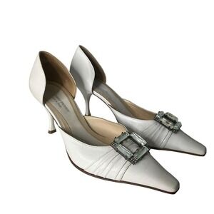 Lindsay Perry Made in Italy‎ White Leather Pointed Toe Heels Rhinestone  6 /36.5
